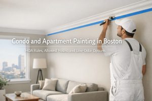 Modern Boston condo interior with a professional painter cutting in along crown molding; title overlay “Condo and Apartment Painting in Boston