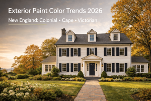 New England Colonial home with warm off-white siding and navy door, reflecting 2026 exterior paint color trends